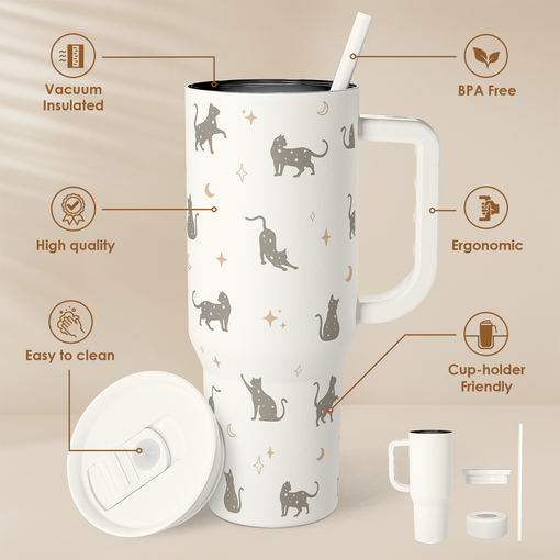 Gift for Cat Lovers Cat Mom - 40oz Insulated Stainless Steel Tumbler with Handle and Straw - Travel Coffee Mug for Women, Cat Owners - Gift for Birthday, Christmas