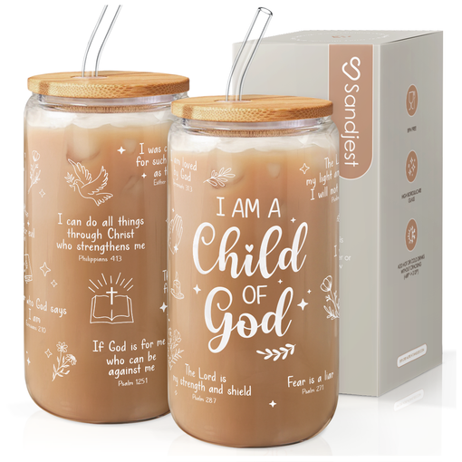 Christian Glass Bottle, I am Child of God Glass Cup with Lid & Straw, Iced Coffee Aesthetic Glass Can, Idea Gift for Christmas Birthday, Gifts for Women, 16oz