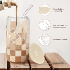 Checkerboard Glass Bottle, Beige Checker Glass Cup with Lid & Straw, Iced Coffee Aesthetic Glass Can, Gift for Christmas Birthday Mother Day, Gifts for Women, 16oz