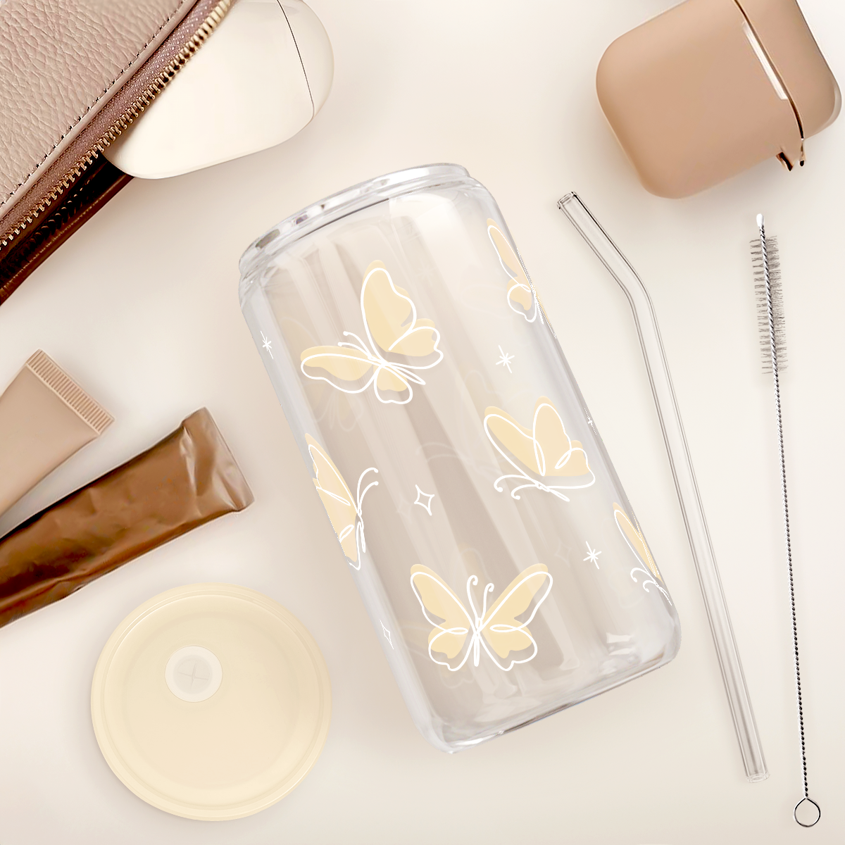 Butterfly GlassGlow | Glass Tumbler with Acrylic Lid 16oz
