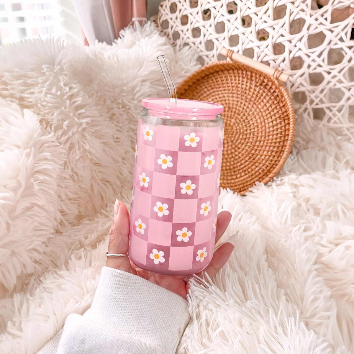 Checker Daisy GlassGlow | Glass Tumbler with Acrylic Lid 16oz