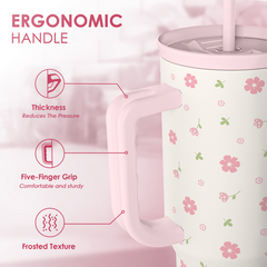 Floral 40oz Tumbler with Handle and Straw - Flowers Insulated Stainless Steel Travel Coffee Mug for Women Girls - Gift Idea for Birthday Christmas Mothers Day
