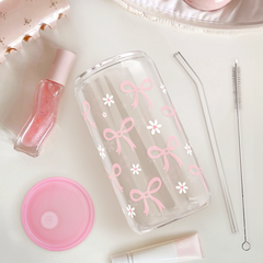 Pink Bow GlassGlow | Glass Tumbler with Acrylic Lid 16oz