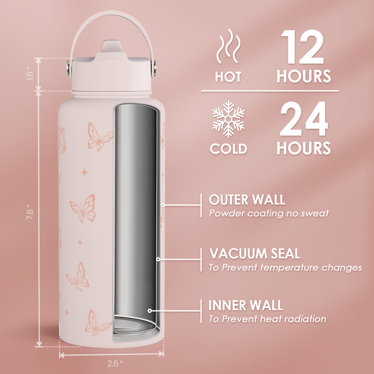 Butterfly Water Bottle Insulated Vacuum Stainless Steel 32oz with Lid, Gifts for Women Girls Teens Birthday Christmas