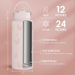 Butterfly Water Bottle Insulated Vacuum Stainless Steel 32oz with Lid, Gifts for Women Girls Teens Birthday Christmas