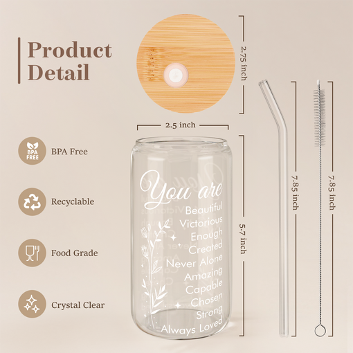 Inspiration Glass Bottle, Positive Motivational Glass Cup with Lid & Straw, Iced Coffee Aesthetic Glass Can, Idea Gift for Christmas Birthday Mother Day, Gifts for Women, 16oz