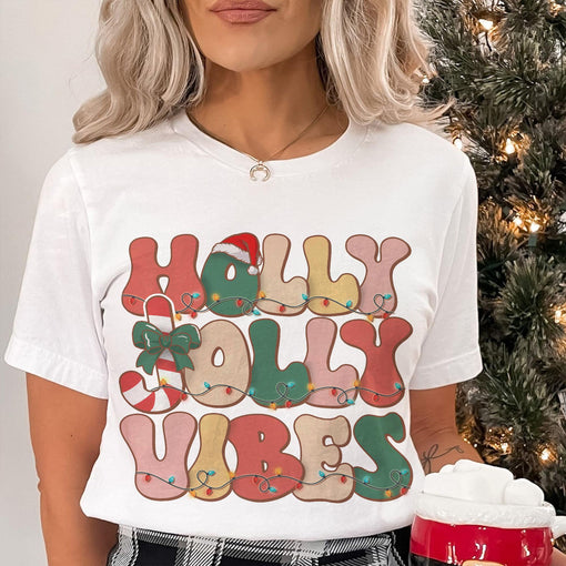 Sandjest Holly Jolly Vibes Retro Christmas Tshirt, Holly Jolly Vibes Shirt, Vintage Christmas Shirt, Vintage Groovy Holly Jolly Vibes Shirt, Xmas Gift