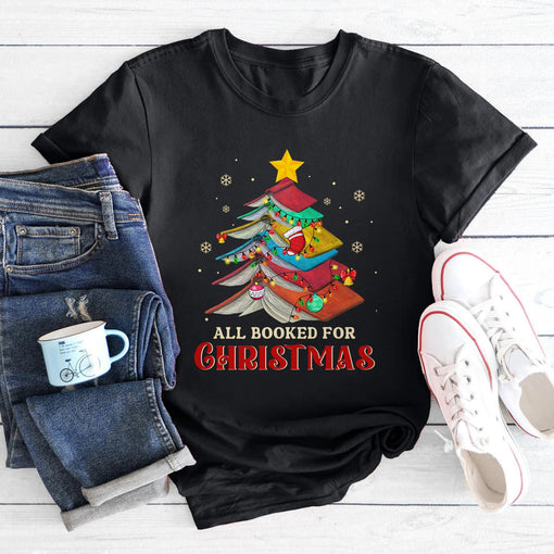 Sandjest Book Lover All Booked for Christmas Tshirt Gift for Book Lovers Bookworm Women