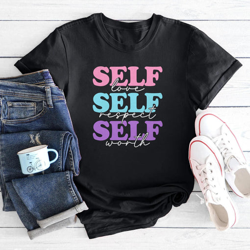 Sandjest Motivational Shirt Self Love Self Respect Self Worth Gift for Female Girl Women Friends