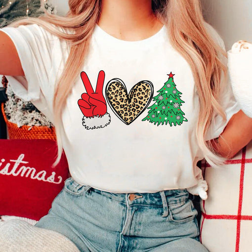 Sandjest Peace Love Christmas T-Shirt Funny Gift for Women Friend Girl Xmas Gifts