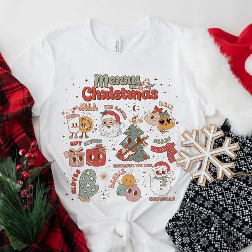 Sandjest Retro Christmas Vibes Groovy Shirt Merry Christmas Graphic Tee Holiday Apparel Xmas Party Trendy Christmas Outfit Cute Christmas Shirt