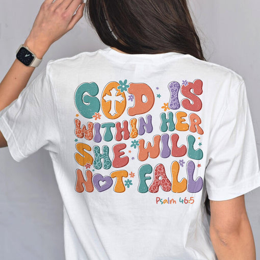 Sandjest Christian T-Shirt God Is Within Her She Will Not Fall Groovy Style Gift for Jesus Lover Bible Lovers