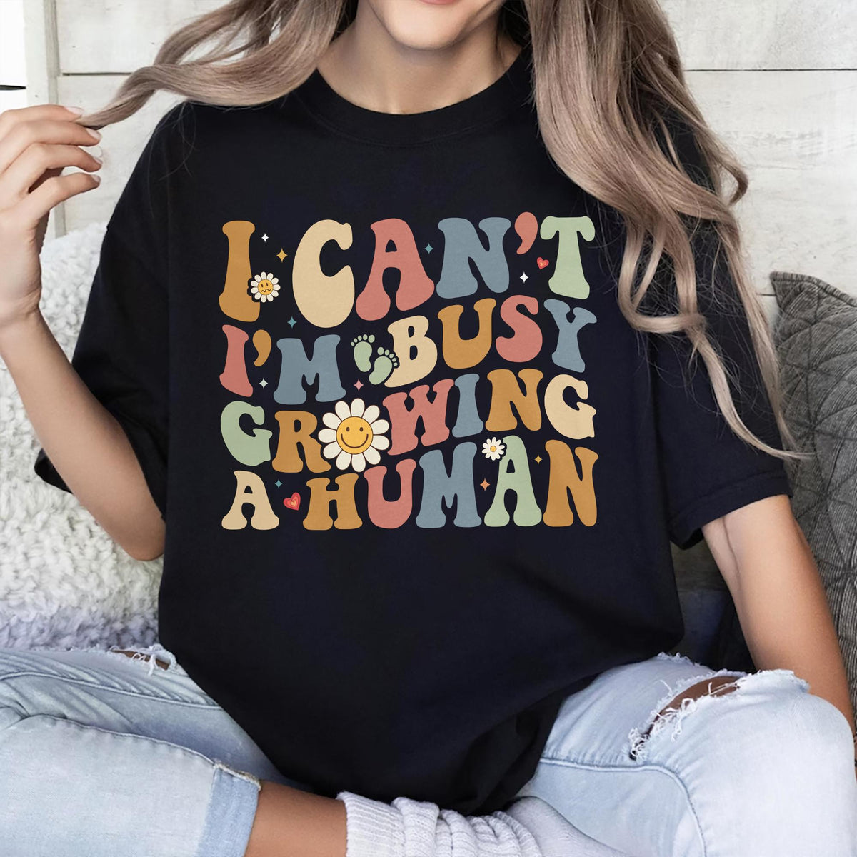 Sandjest New Mom T-Shirt I Can??t I??m Busy Growing a Human Gift for Women Pregnant Mom