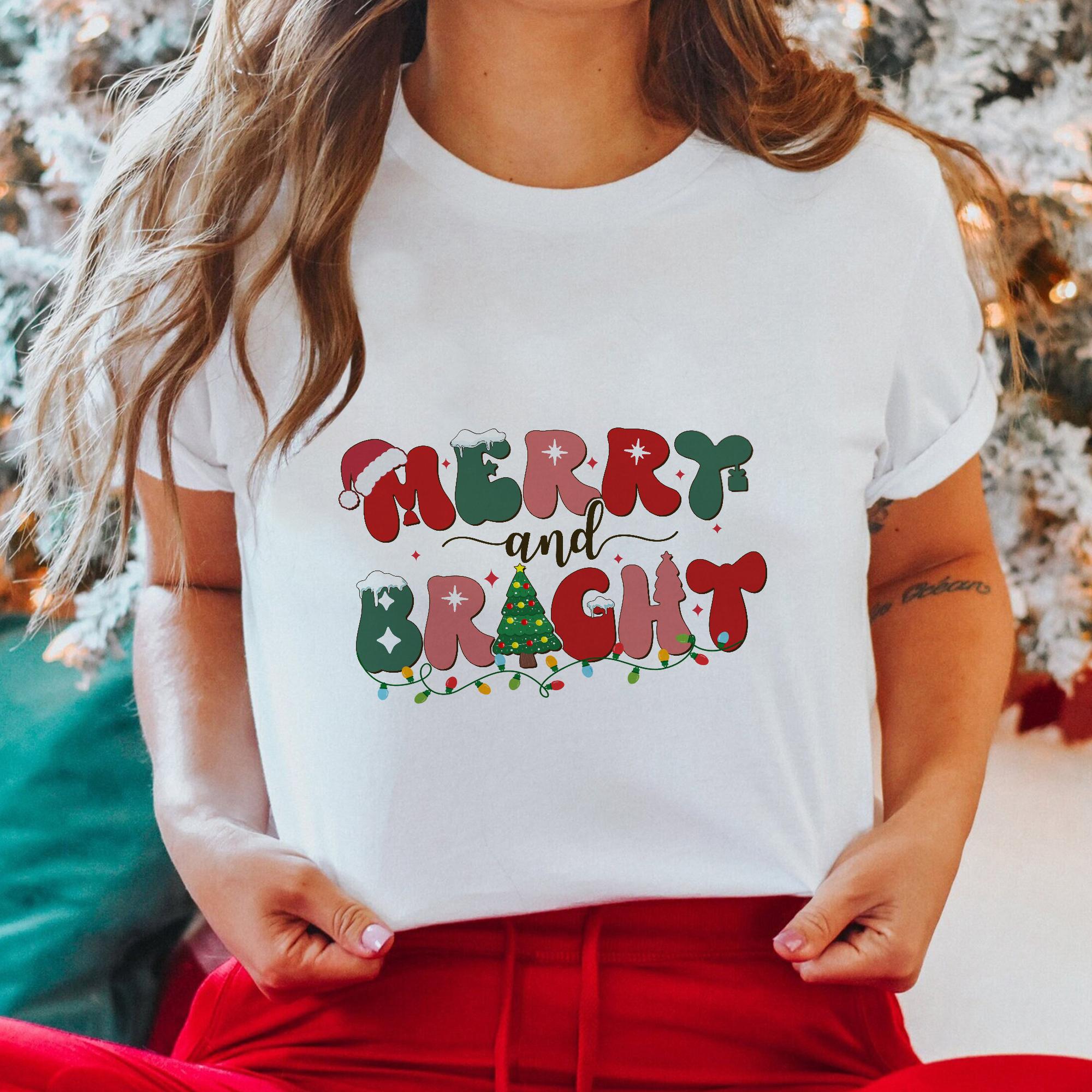 Sandjest Merry And Bright Christmas Tshirt, Women Christmas Shirt, Christmas Tshirts for Women, Christmas Women, Merry Christmas Tshirt