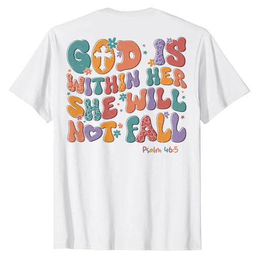 Sandjest Christian T-Shirt God Is Within Her She Will Not Fall Groovy Style Gift for Jesus Lover Bible Lovers