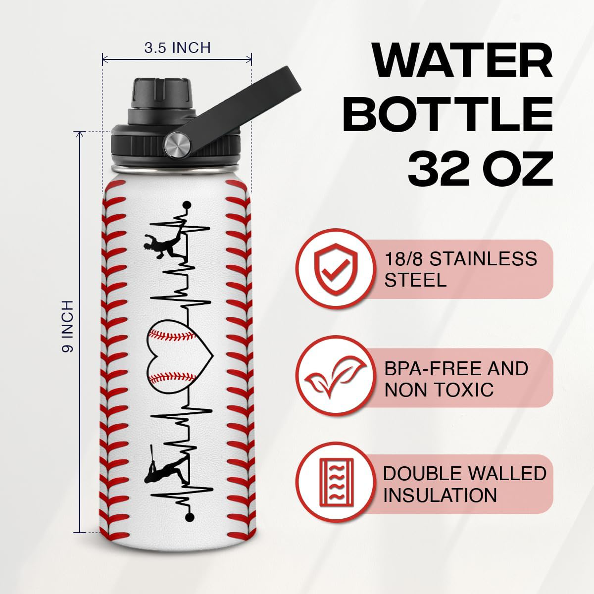 White Baseball Chug Lid Water Bottle 32oz