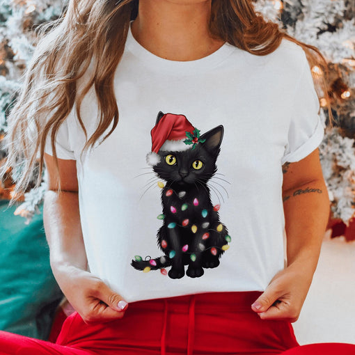 Sandjest Cute Christmas Cat T-shirt Gift for Cat Lovers Pet Lover Women Girl Friend