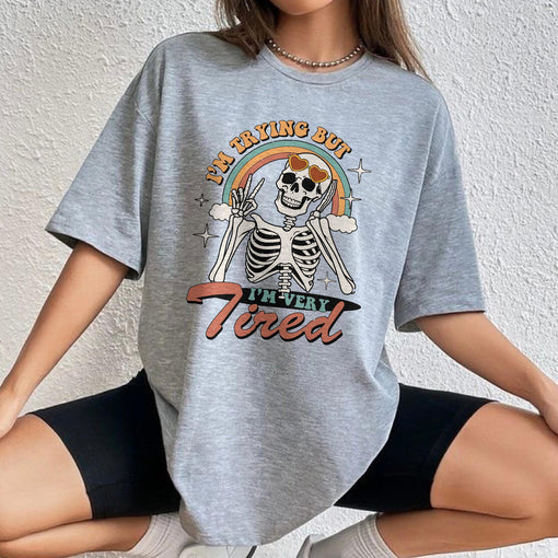 Sandjest Funny T-Shirt I??m Trying but I??m Very Tired Gift for Friend Girl Women