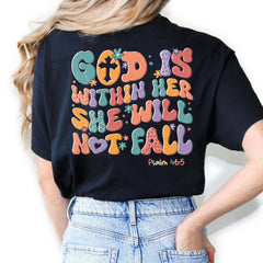 Sandjest Christian T-Shirt God Is Within Her She Will Not Fall Groovy Style Gift for Jesus Lover Bible Lovers