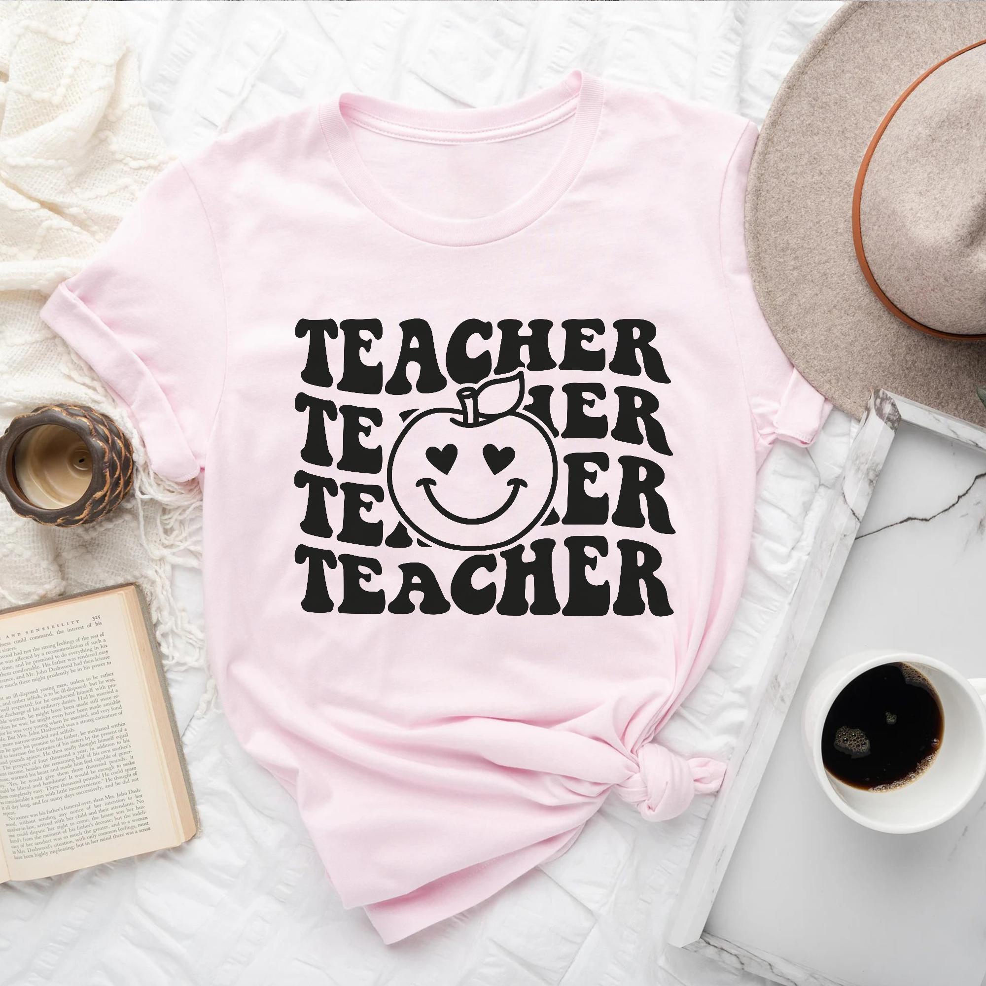 Sandjest Teacher T-Shirt Funny Apple Smiling Face Gift for Women Girl Friend Teacher Professor
