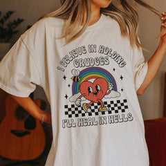 Sandjest Funny T-Shirt I Believe in Holding Grudges Groovy Retro StyleGift for Women Girl Friend