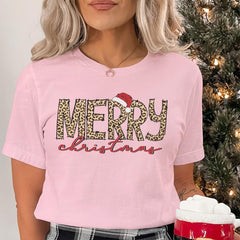 Sandjest Merry Christmas T-Shirt Leopard Style Christmas Family Shirt Holiday Gift for Women Girl