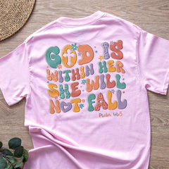Sandjest Christian T-Shirt God Is Within Her She Will Not Fall Groovy Style Gift for Jesus Lover Bible Lovers