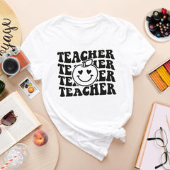 Sandjest Teacher T-Shirt Funny Apple Smiling Face Gift for Women Girl Friend Teacher Professor