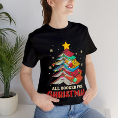 Sandjest Book Lover All Booked for Christmas Tshirt Gift for Book Lovers Bookworm Women