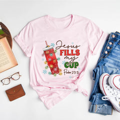 Sandjest Christmas Crewneck Tshirt Jesus Fills My Cup Gift for Bible Lover Christians