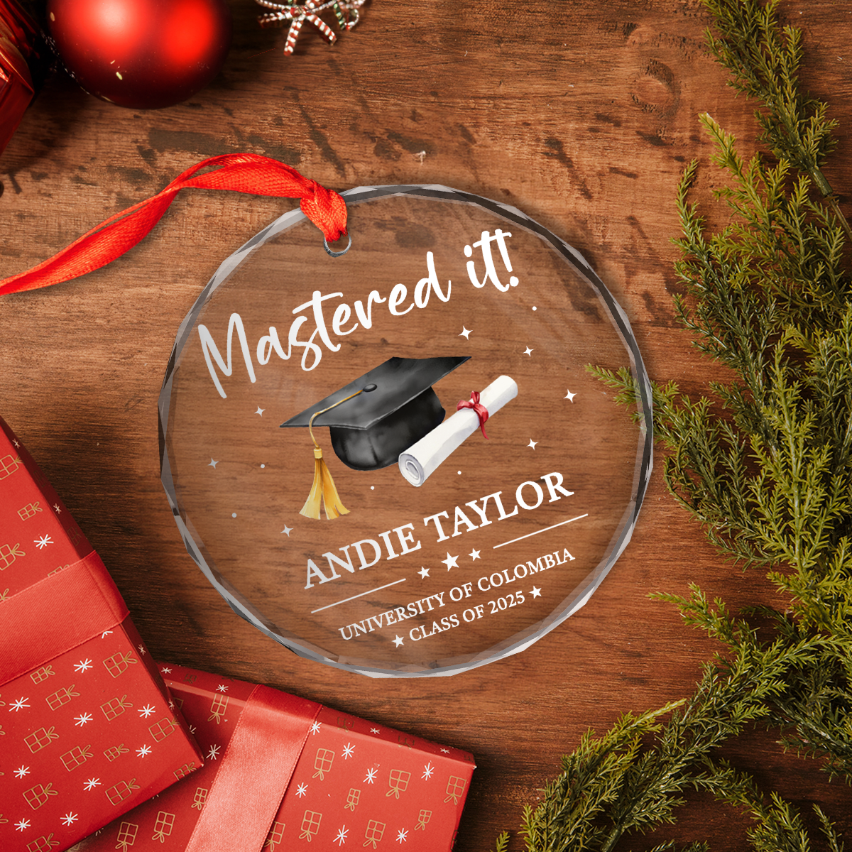 Personalized Mastered It Degree Graduation Gifts - Custom Christmas Crystal Glass Ornament, University, College, Senior Year Keepsake