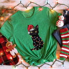 Sandjest Cute Christmas Cat T-shirt Gift for Cat Lovers Pet Lover Women Girl Friend