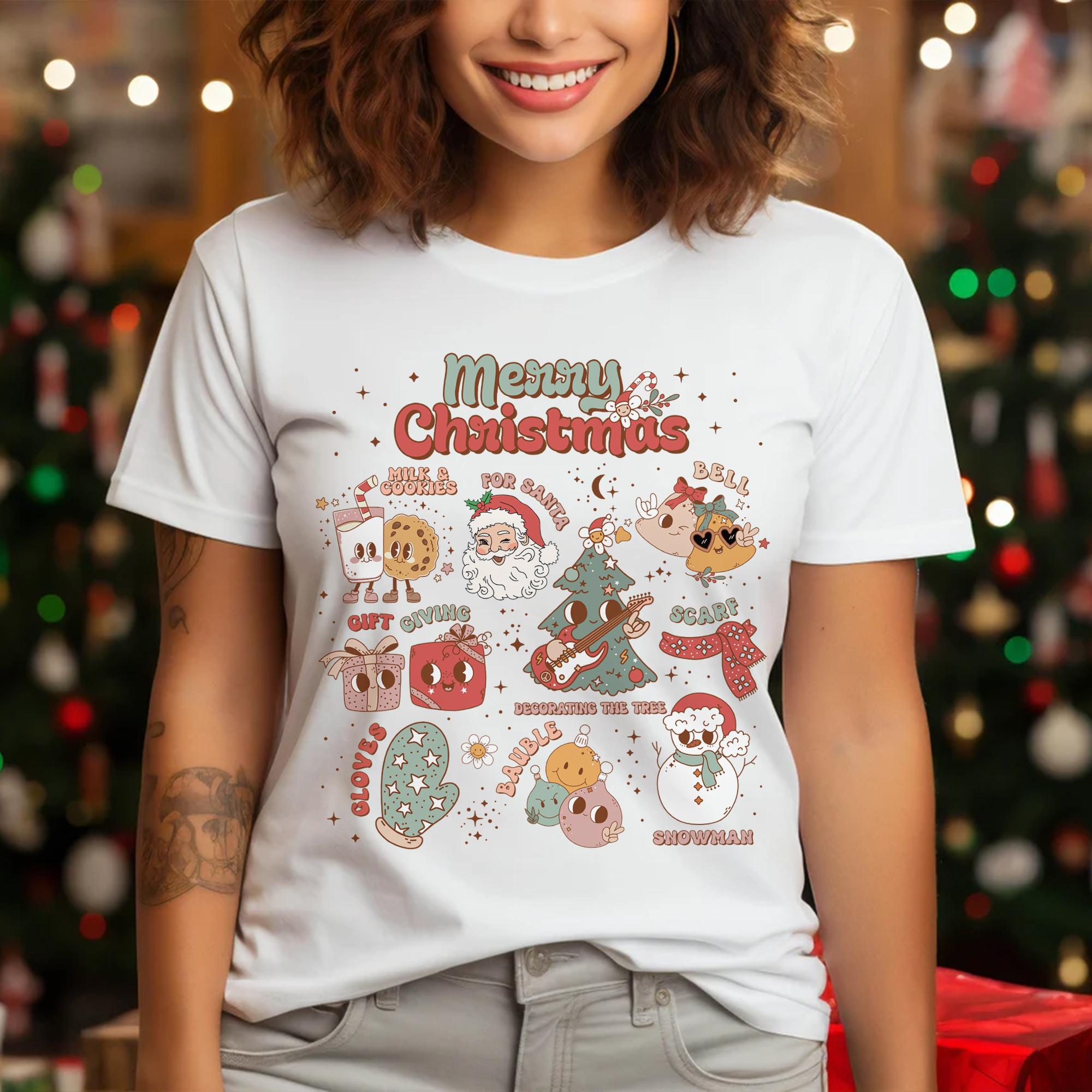 Sandjest Retro Christmas Vibes Groovy Shirt Merry Christmas Graphic Tee Holiday Apparel Xmas Party Trendy Christmas Outfit Cute Christmas Shirt