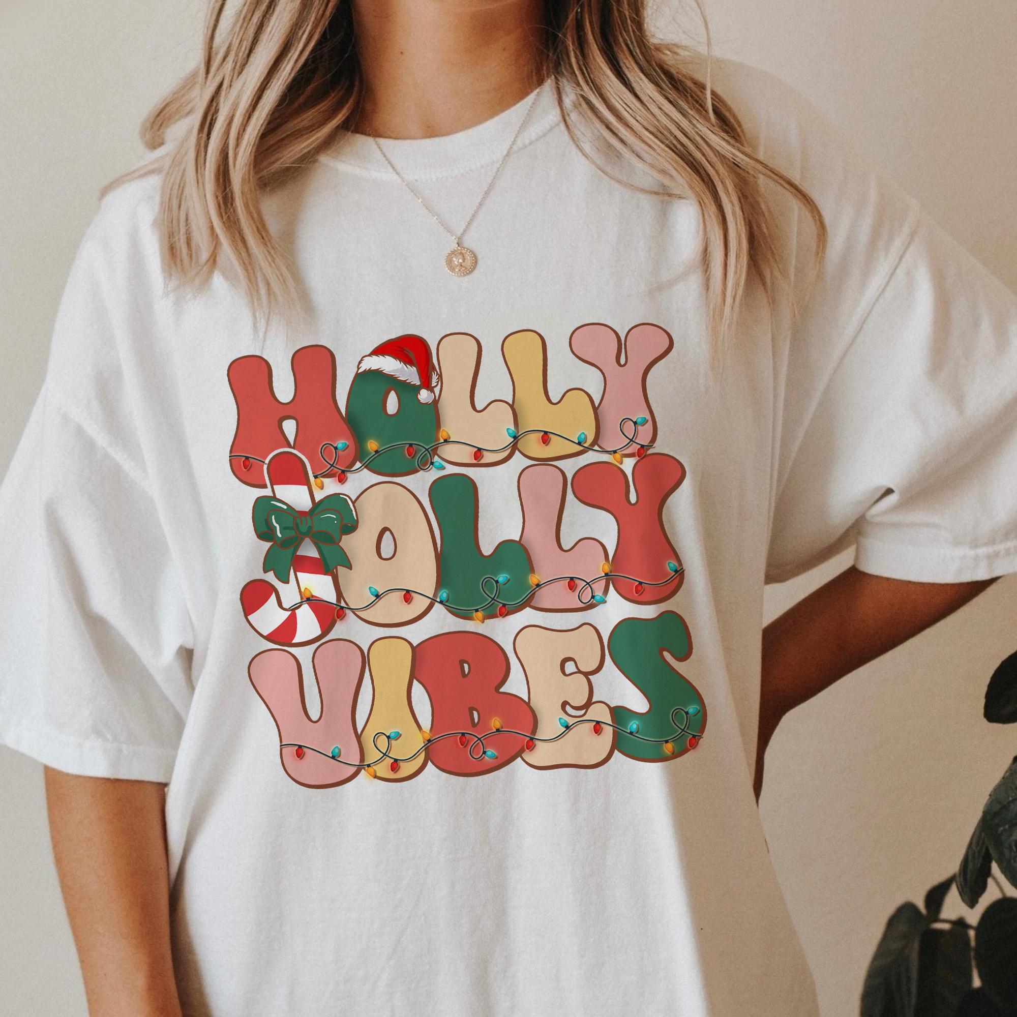 Sandjest Holly Jolly Vibes Retro Christmas Tshirt, Holly Jolly Vibes Shirt, Vintage Christmas Shirt, Vintage Groovy Holly Jolly Vibes Shirt, Xmas Gift