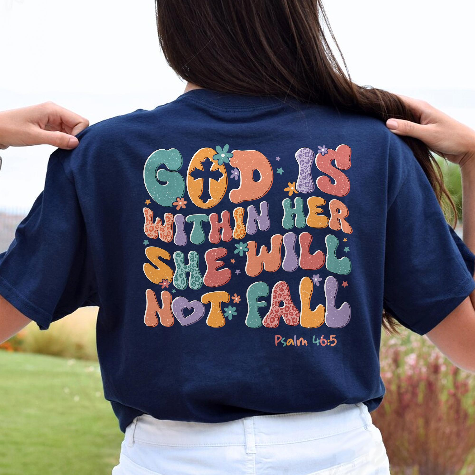Sandjest Christian T-Shirt God Is Within Her She Will Not Fall Groovy Style Gift for Jesus Lover Bible Lovers