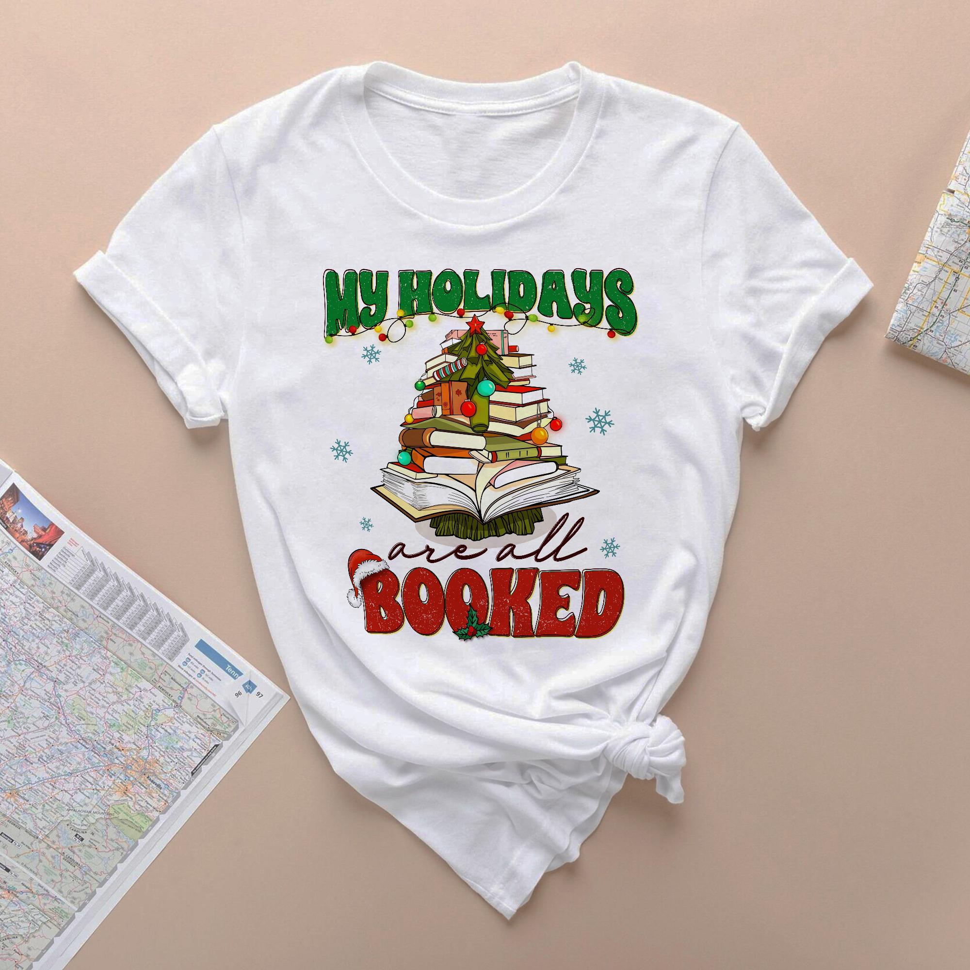 Sandjest Christmas Tshirt My Holidays Are All Booked Gift for Women Book Lover Bookworm