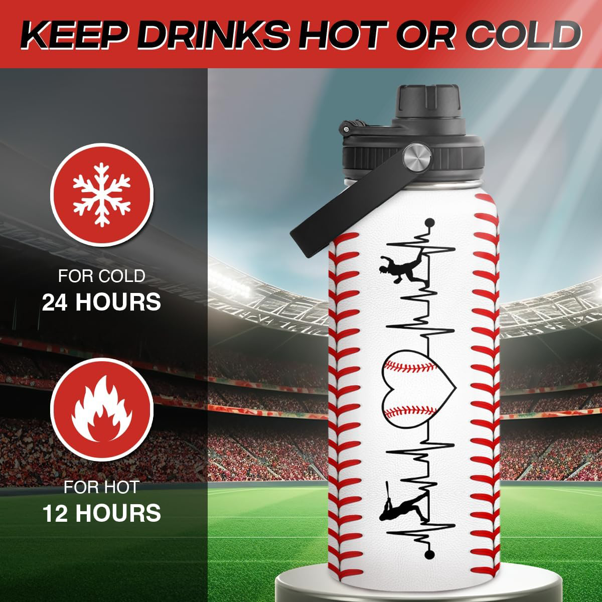 White Baseball Chug Lid Water Bottle 32oz