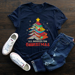 Sandjest Book Lover All Booked for Christmas Tshirt Gift for Book Lovers Bookworm Women