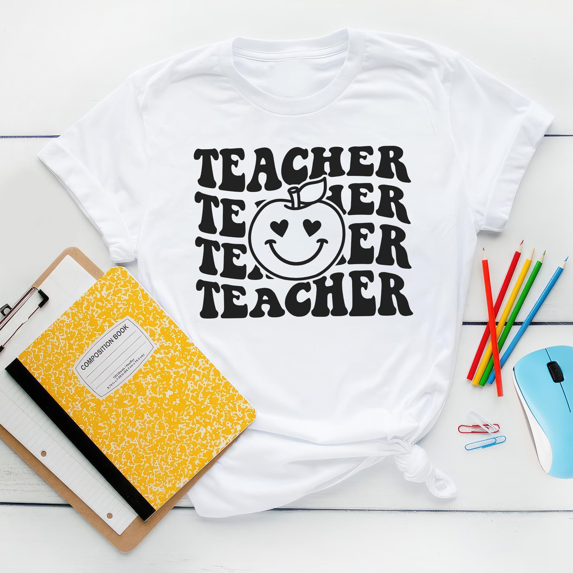 Sandjest Teacher T-Shirt Funny Apple Smiling Face Gift for Women Girl Friend Teacher Professor