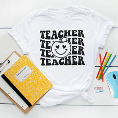 Sandjest Teacher T-Shirt Funny Apple Smiling Face Gift for Women Girl Friend Teacher Professor