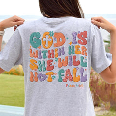 Sandjest Christian T-Shirt God Is Within Her She Will Not Fall Groovy Style Gift for Jesus Lover Bible Lovers