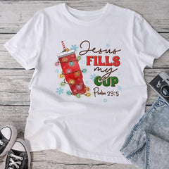 Sandjest Christmas Crewneck Tshirt Jesus Fills My Cup Gift for Bible Lover Christians
