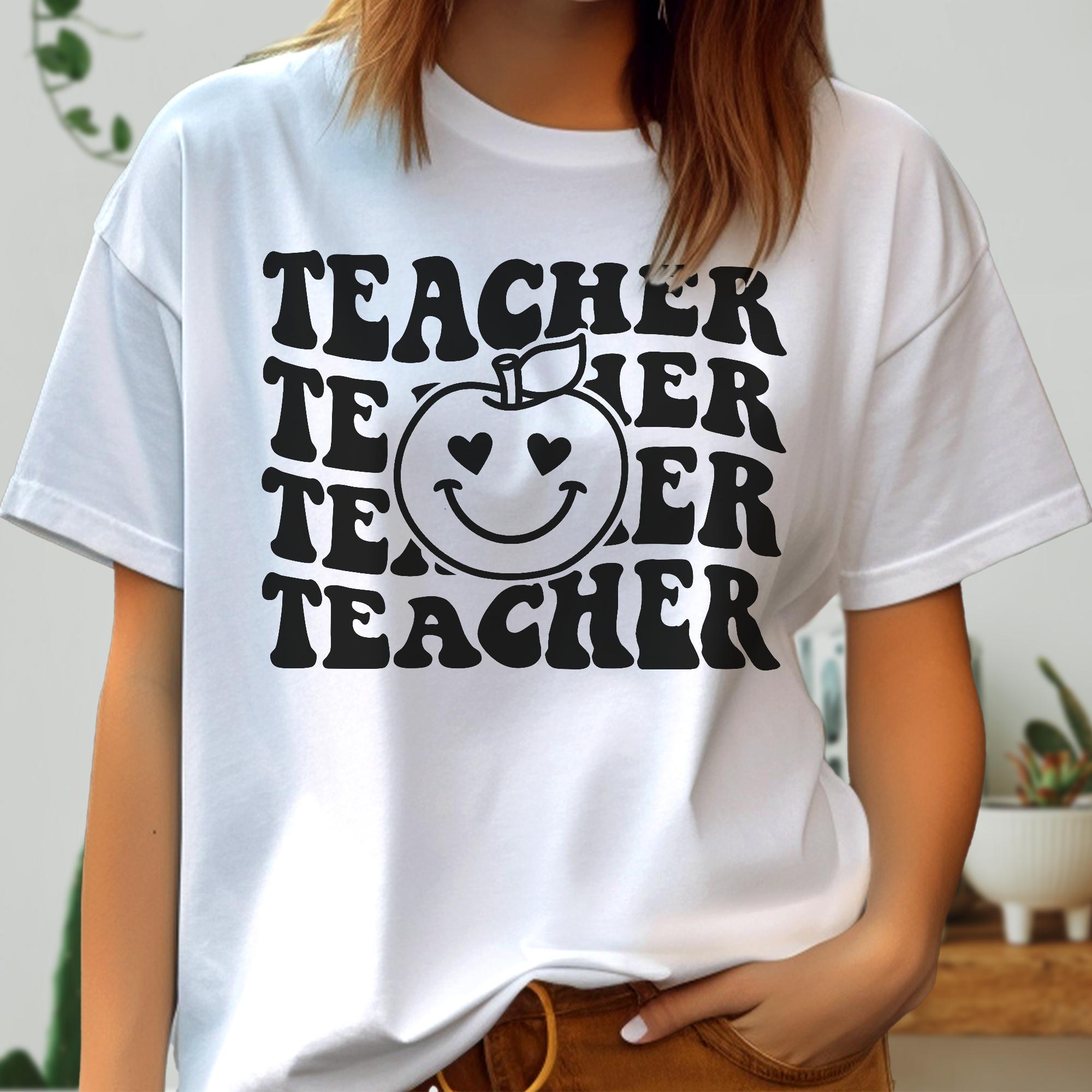 Sandjest Teacher T-Shirt Funny Apple Smiling Face Gift for Women Girl Friend Teacher Professor