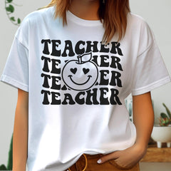 Sandjest Teacher T-Shirt Funny Apple Smiling Face Gift for Women Girl Friend Teacher Professor