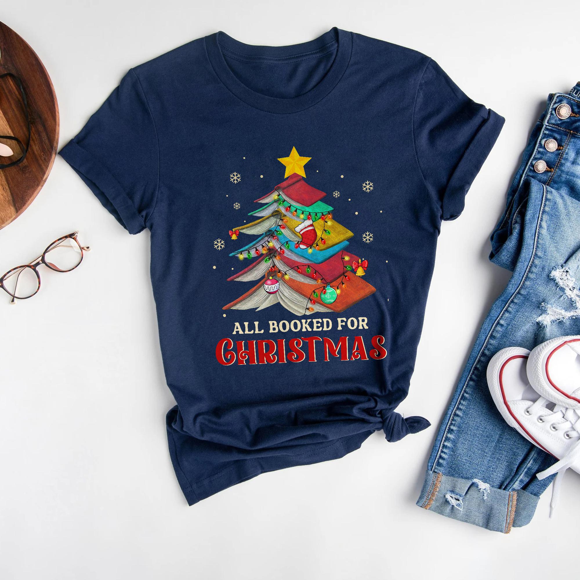 Sandjest Book Lover All Booked for Christmas Tshirt Gift for Book Lovers Bookworm Women