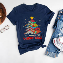 Sandjest Book Lover All Booked for Christmas Tshirt Gift for Book Lovers Bookworm Women