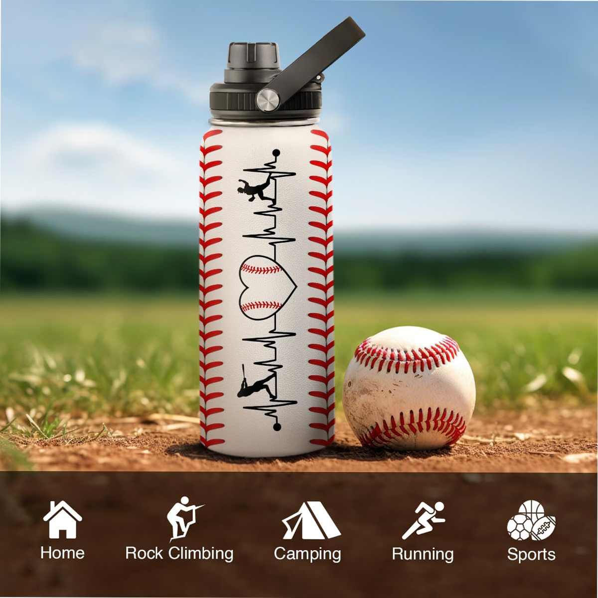 White Baseball Chug Lid Water Bottle 32oz