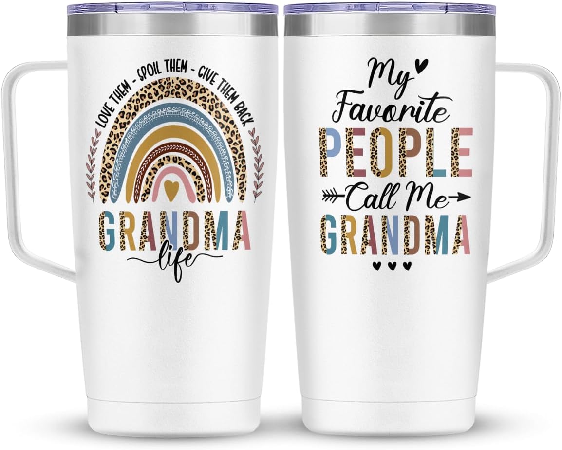 SANDJEST Grandma Tumbler with Handle 20oz Stainless Steel Insulated Tumblers Coffee Travel Mug Nana Cup Gift for Grandmother Grandmom Mimi Grandmas Gift from Grandkids for Birthday Christmas