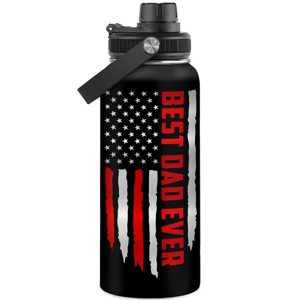 Black water bottle with American flag design and 'Best Dad Ever' text on a white background