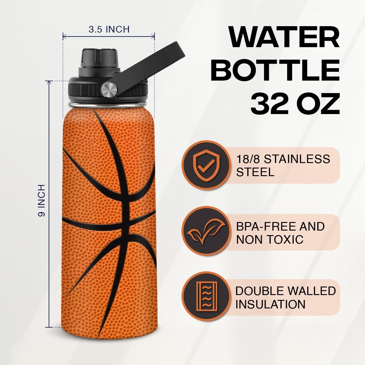 Orange Basketball Chug Lid Water Bottle 32oz